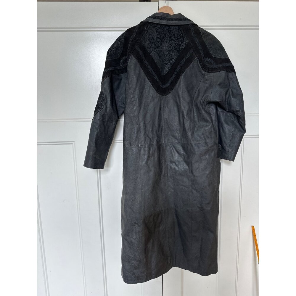 Vtg Pelle Leather Trench Coat Women Small 80s Long Embossed Mobwife Shoulder Pad - Picture 10 of 11